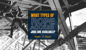 rope access technician working at height suspended under bridge or platform providing service, performing job duties